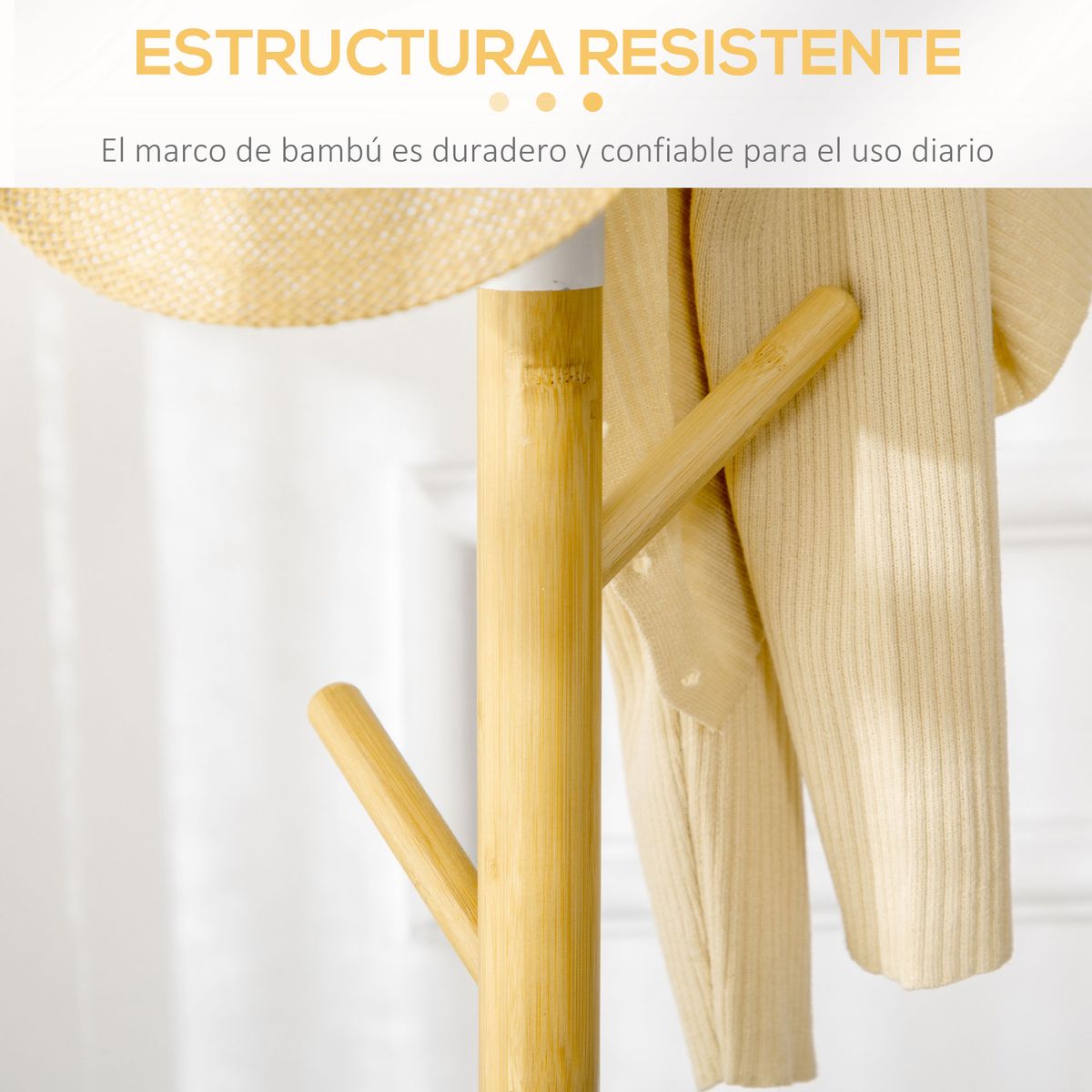 Perchero de píe Abeto Homcom 8 ganchos natural Ø37,8x175,6 cm detalles
