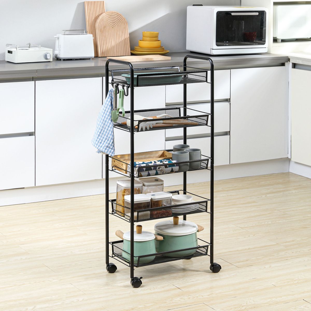 Carrito auxiliar Tajo Homcom 5 estantes con ruedas negro 106x26,5x45 cm