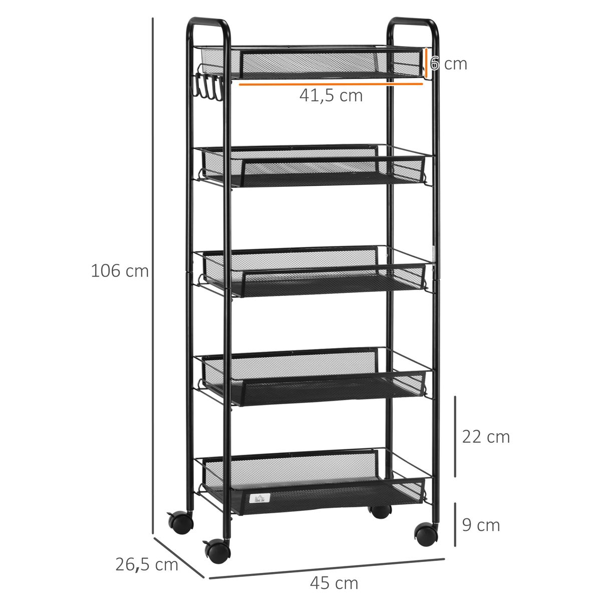 Carrito auxiliar Tajo Homcom 5 estantes con ruedas negro 106x26,5x45 cm