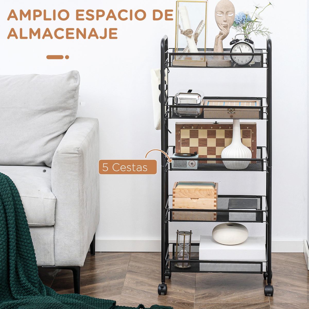 Carrito auxiliar Tajo Homcom 5 estantes con ruedas negro 106x26,5x45 cm