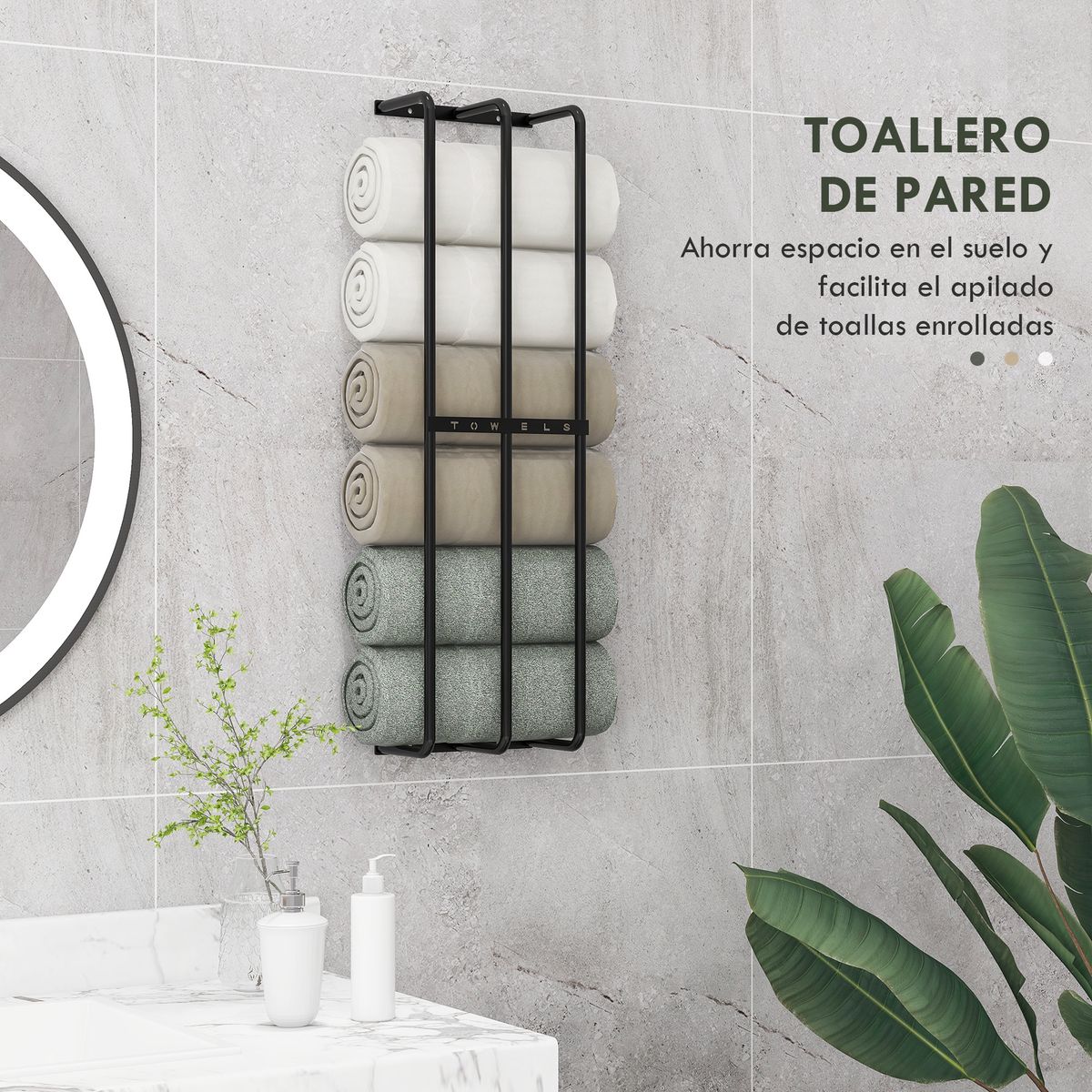Toallero de pared Merlín Homcom 6 toallas extragrandes metal negro 74x21x12 cm