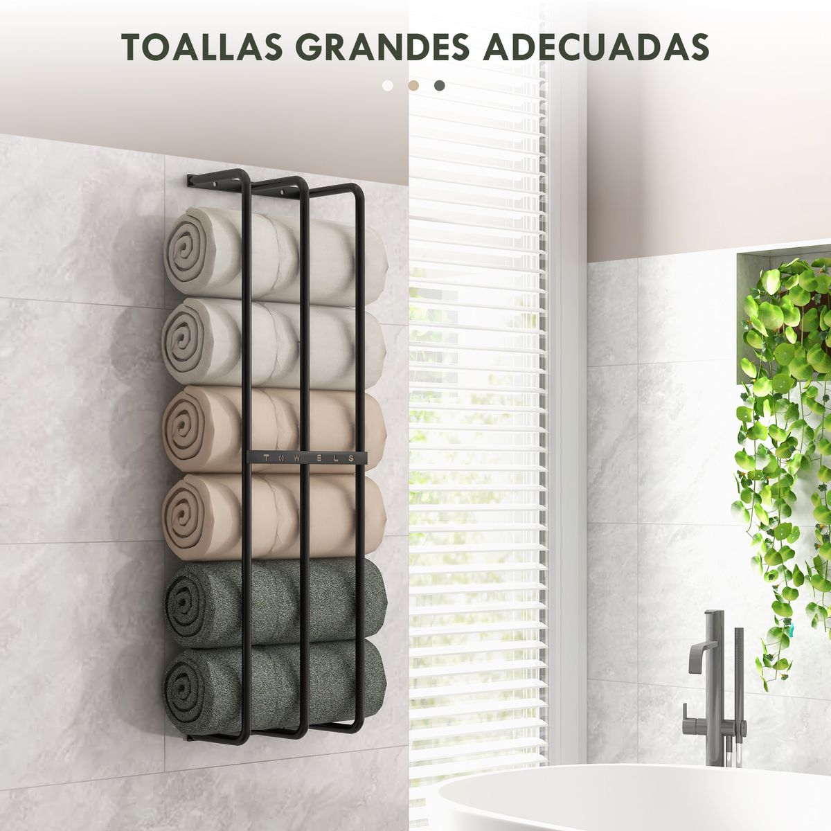 Toallero de pared Merlín Homcom 6 toallas extragrandes metal negro 74x21x12 cm
