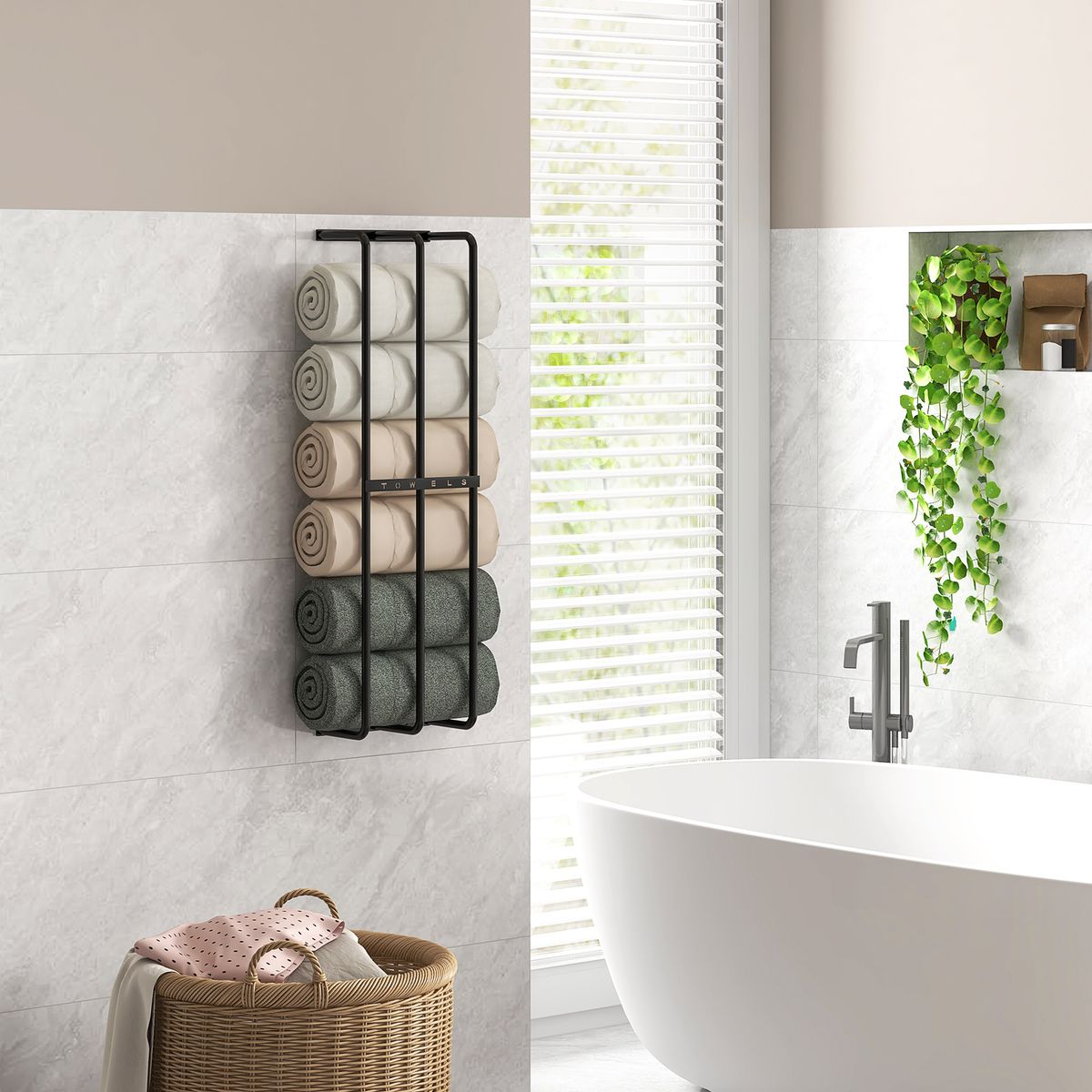 Toallero de pared Merlín Homcom 6 toallas extragrandes metal negro 74x21x12 cm