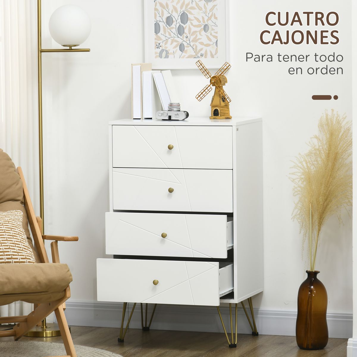 Cómoda Estrasburgo Homcom 4 cajones con patas de horquilla blanco/dorado 100x40x60 cm
