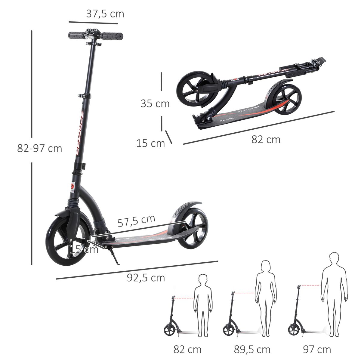 Patinete plegable Homcom altura ajustable +14A negro 82-97x92,5x37,5 cm medidas