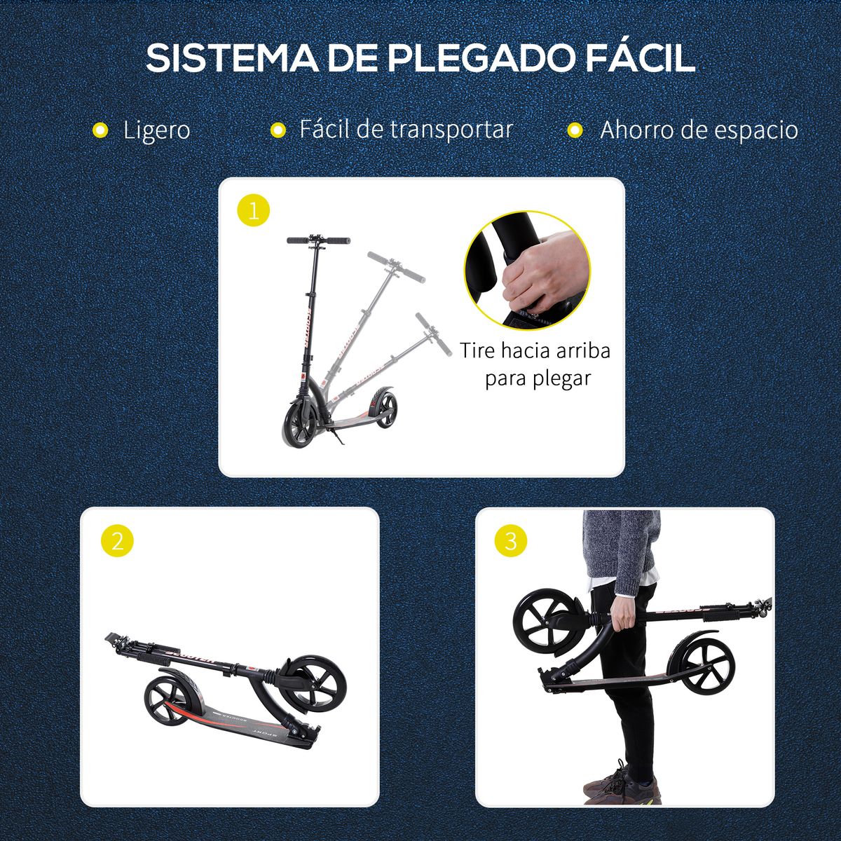 Patinete plegable Homcom altura ajustable +14A negro 82-97x92,5x37,5 cm