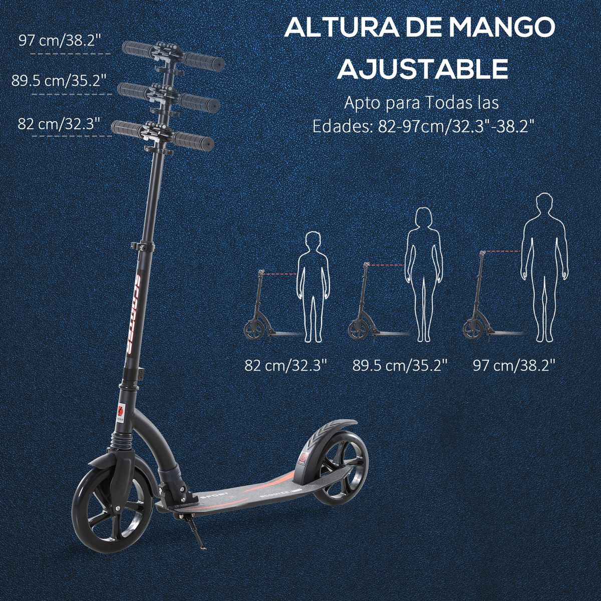 Patinete plegable Homcom altura ajustable +14A negro 82-97x92,5x37,5 cm
