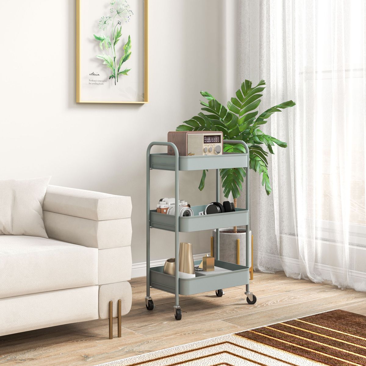 Carrito auxiliar Ebro Homcom 3 estantes con ruedas azul 79x30,6x45 cm