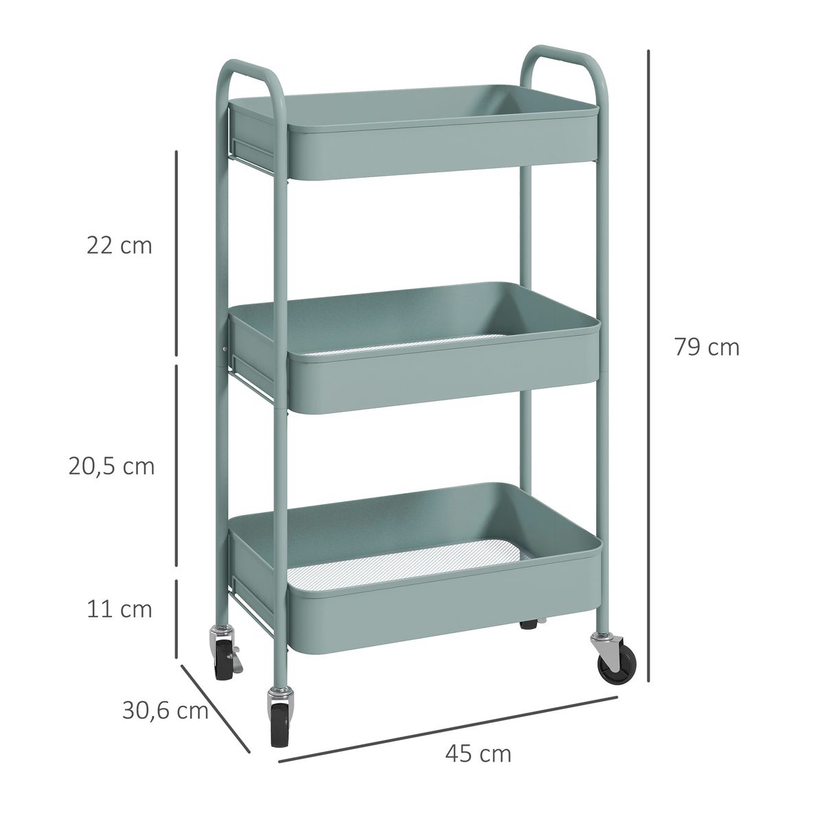 Carrito auxiliar Ebro Homcom 3 estantes con ruedas azul 79x30,6x45 cm