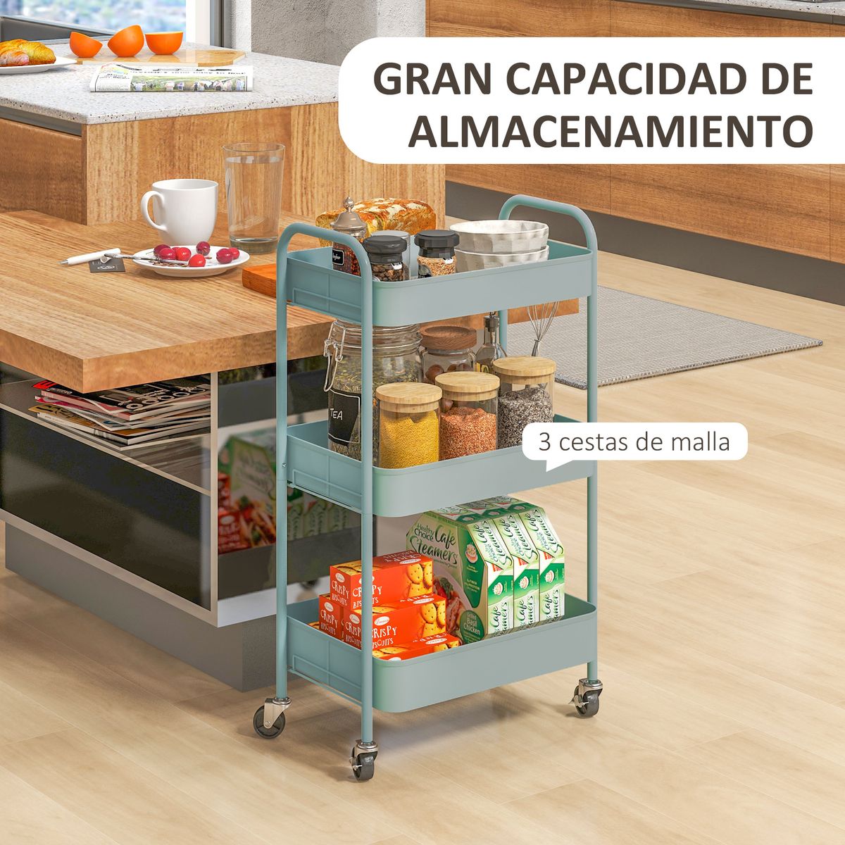 Carrito auxiliar Ebro Homcom 3 estantes con ruedas azul 79x30,6x45 cm