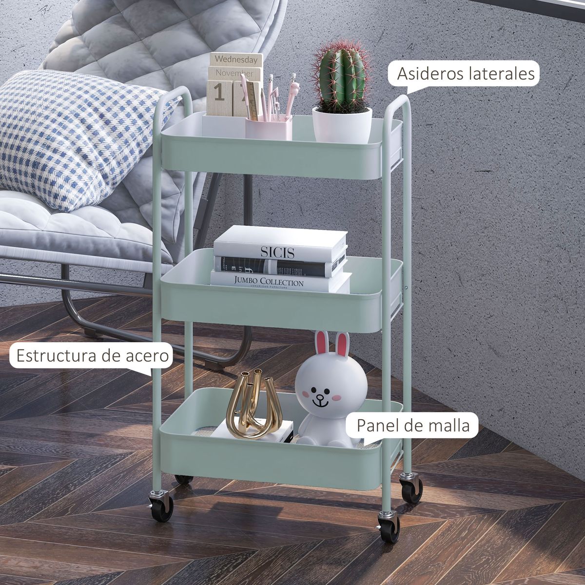 Carrito auxiliar Ebro Homcom 3 estantes con ruedas azul 79x30,6x45 cm