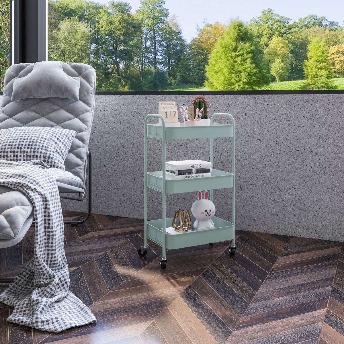 Carrito auxiliar Ebro Homcom 3 estantes con ruedas azul 79x30,6x45 cm