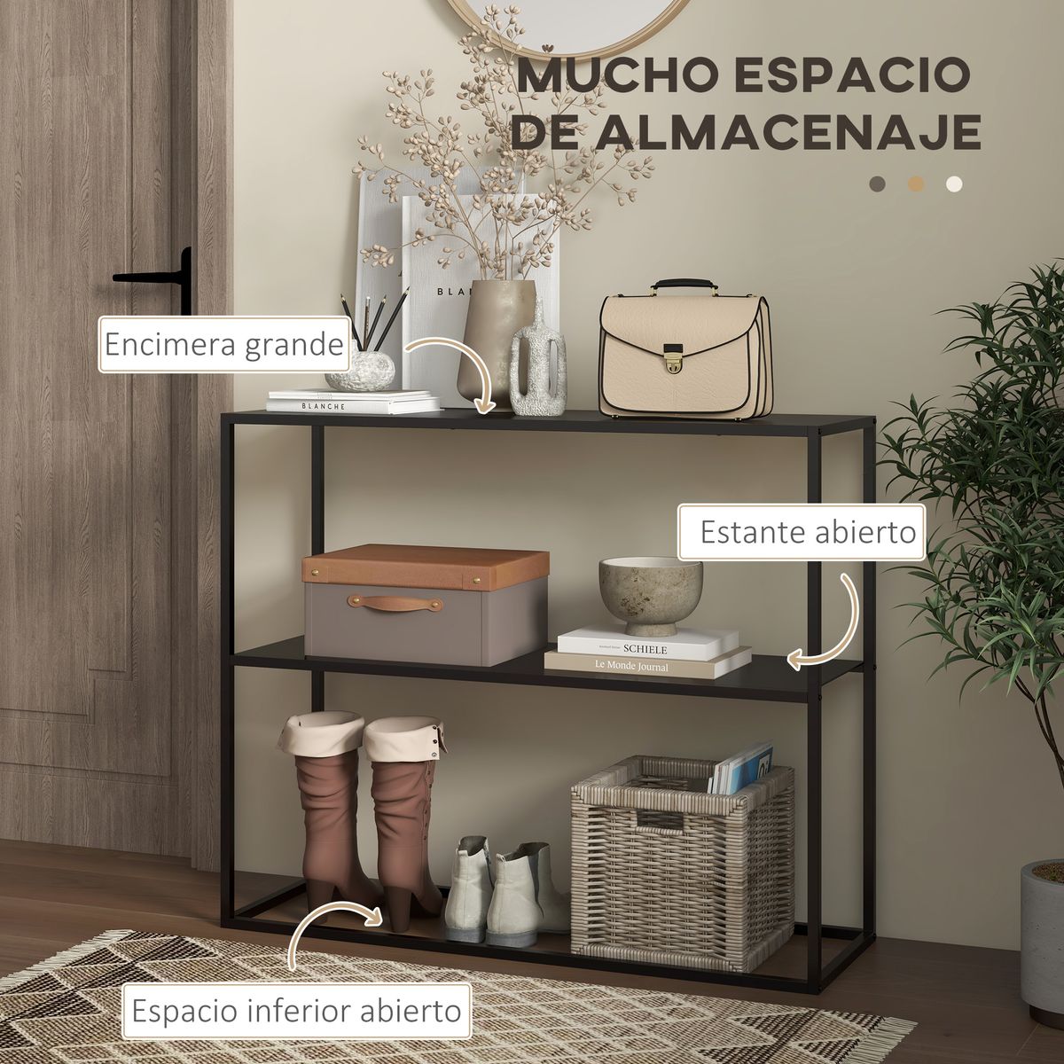Mueble de recibidor Baco Homcom estilo industrial 2 estantes acero negro 75x90x30 cm