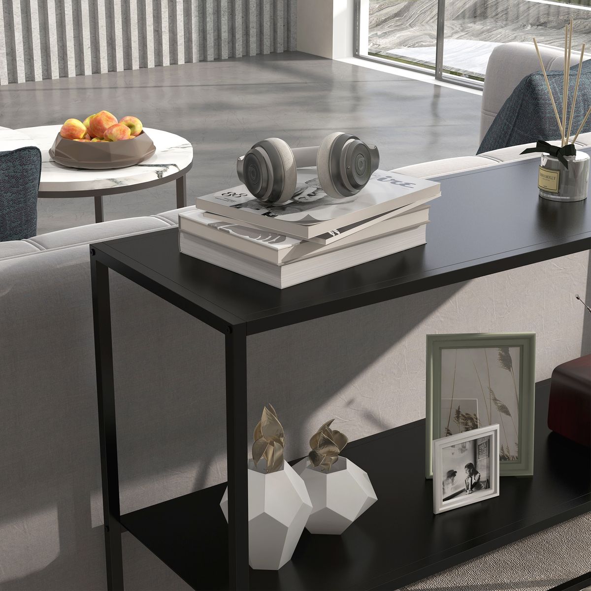 Mueble de recibidor Baco Homcom estilo industrial 2 estantes acero negro 75x90x30 cm