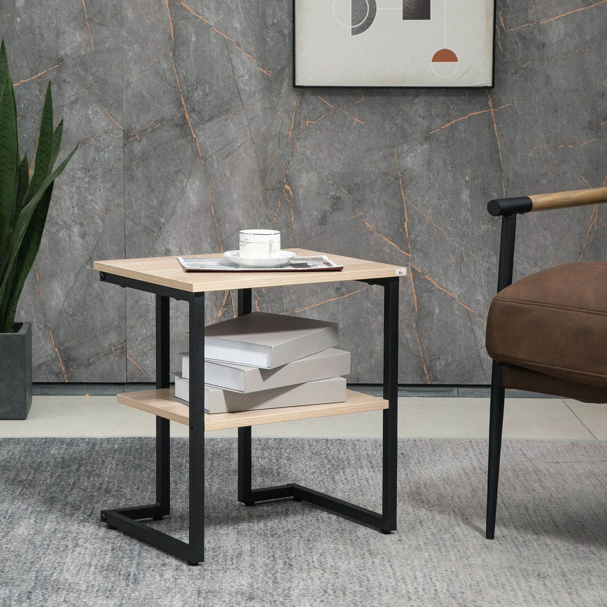 Mesa auxiliar Centauro Homcom 2 estantes pies ajustables negro/natural 48x35x45 cm
