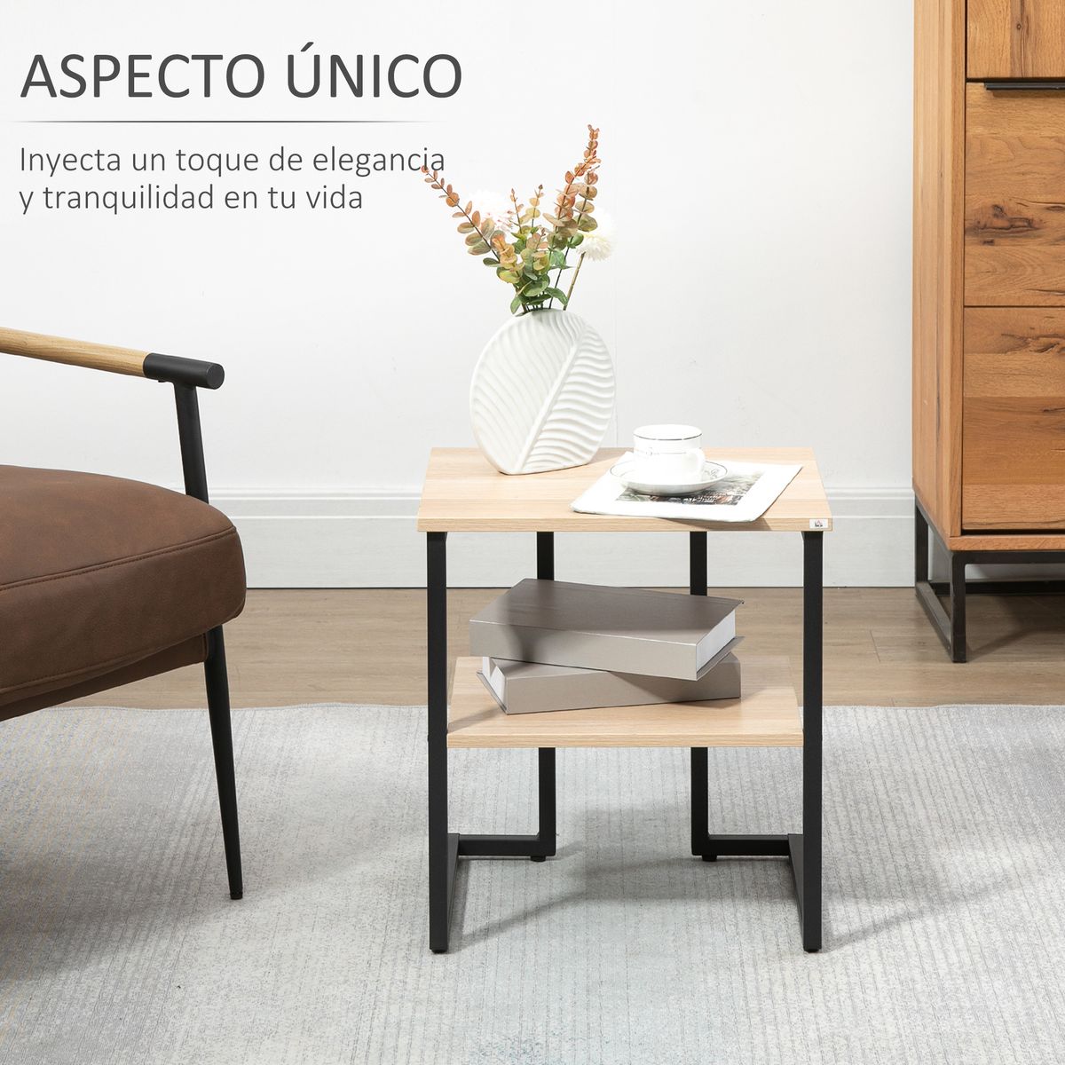 Mesa auxiliar Centauro Homcom 2 estantes pies ajustables negro/natural 48x35x45 cm