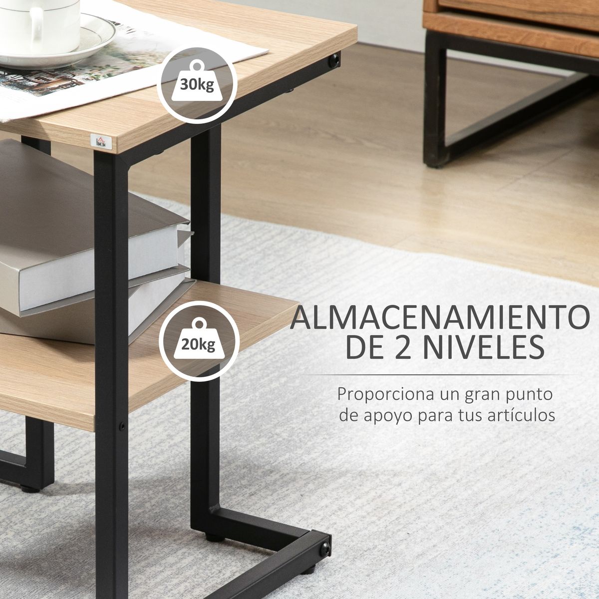 Mesa auxiliar Centauro Homcom 2 estantes pies ajustables negro/natural 48x35x45 cm