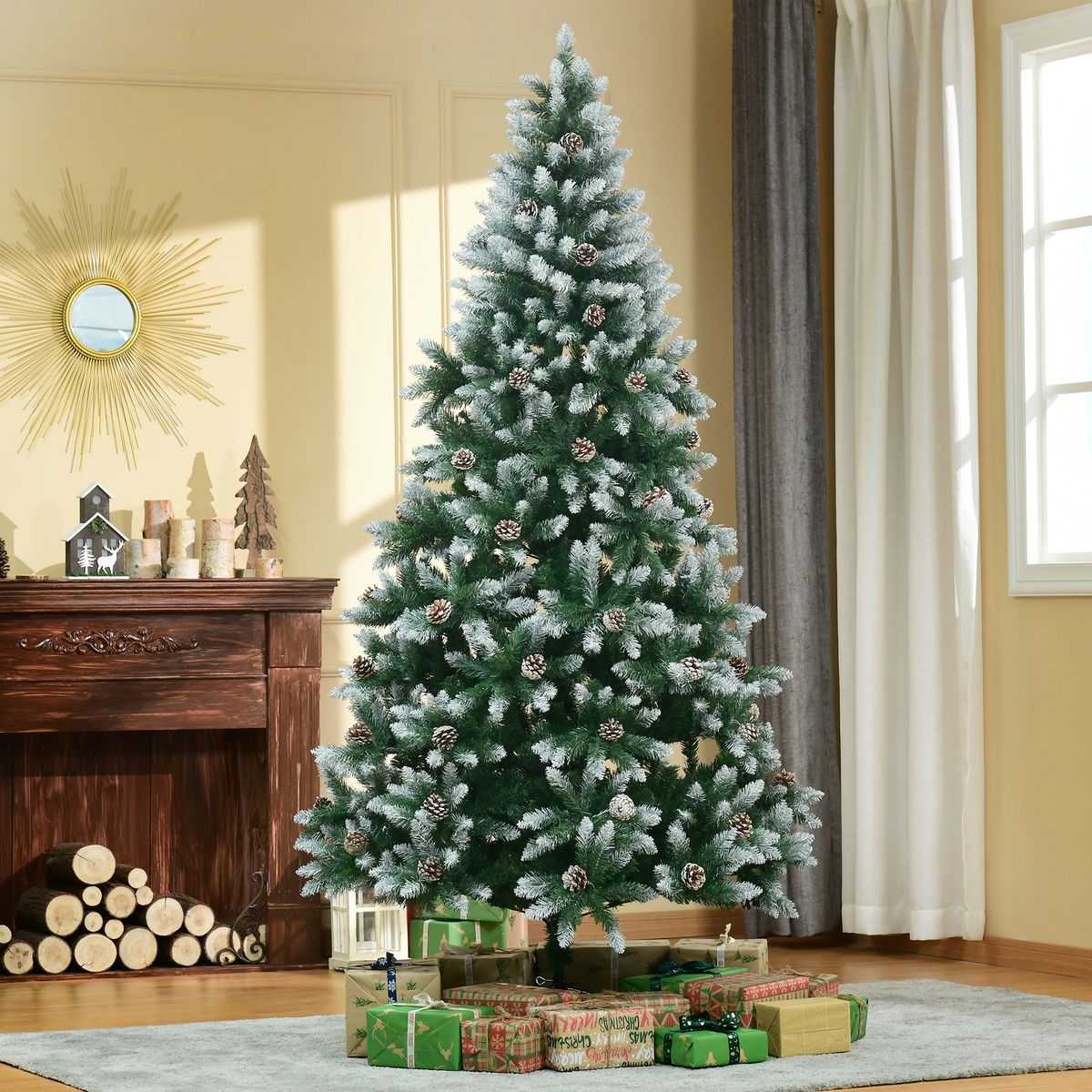 Árbol de Navidad Homcom 1440 ramas con 75 piñas efecto nevado verde Ø105x210 cm animada