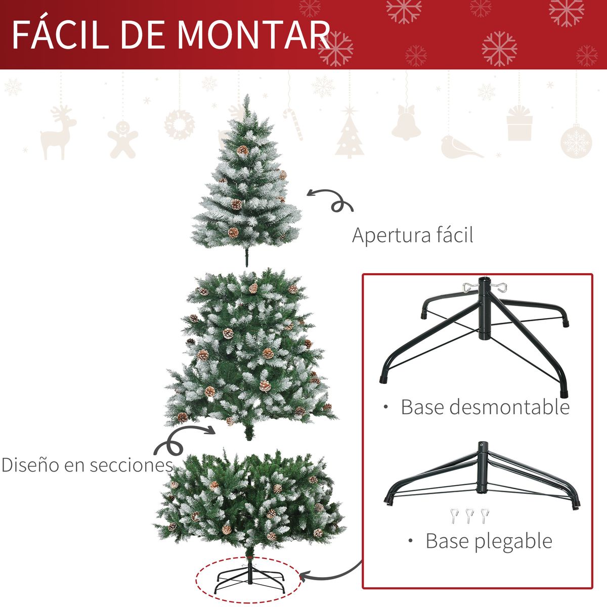 Árbol de Navidad Homcom 1440 ramas con 75 piñas efecto nevado verde Ø105x210 cm estructura modular