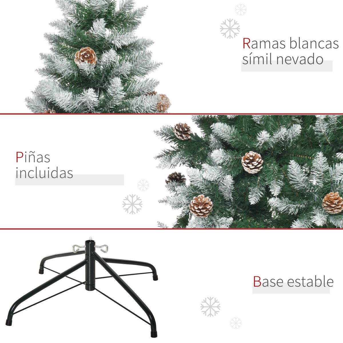 Árbol de Navidad Homcom 1440 ramas con 75 piñas efecto nevado verde Ø105x210 cm