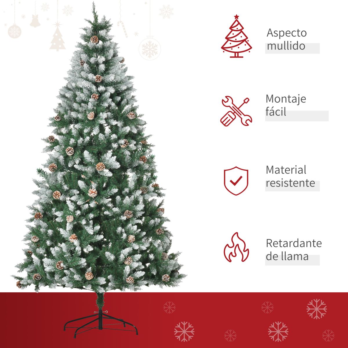 Árbol de Navidad Homcom 1440 ramas con 75 piñas efecto nevado verde Ø105x210 cm