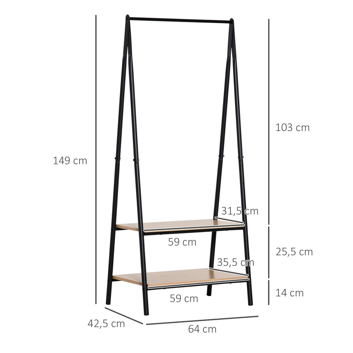 Perchero Granada Homcom con 2 estantes negro/natural 149x64x42,5 cm medidas