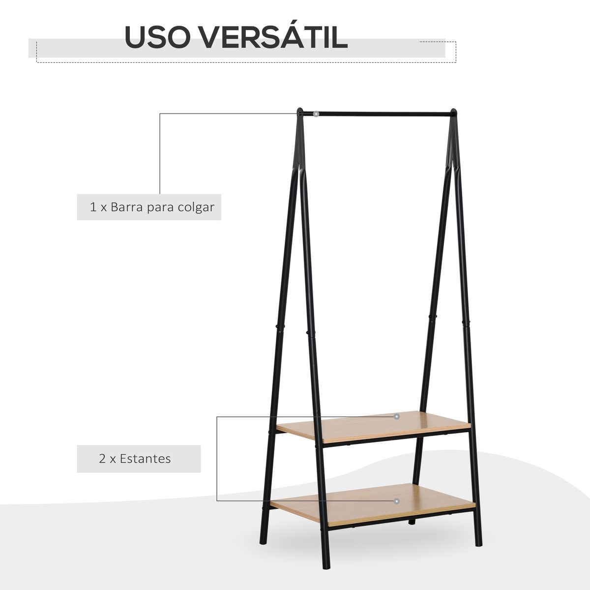 Perchero Granada Homcom con 2 estantes negro/natural 149x64x42,5 cm