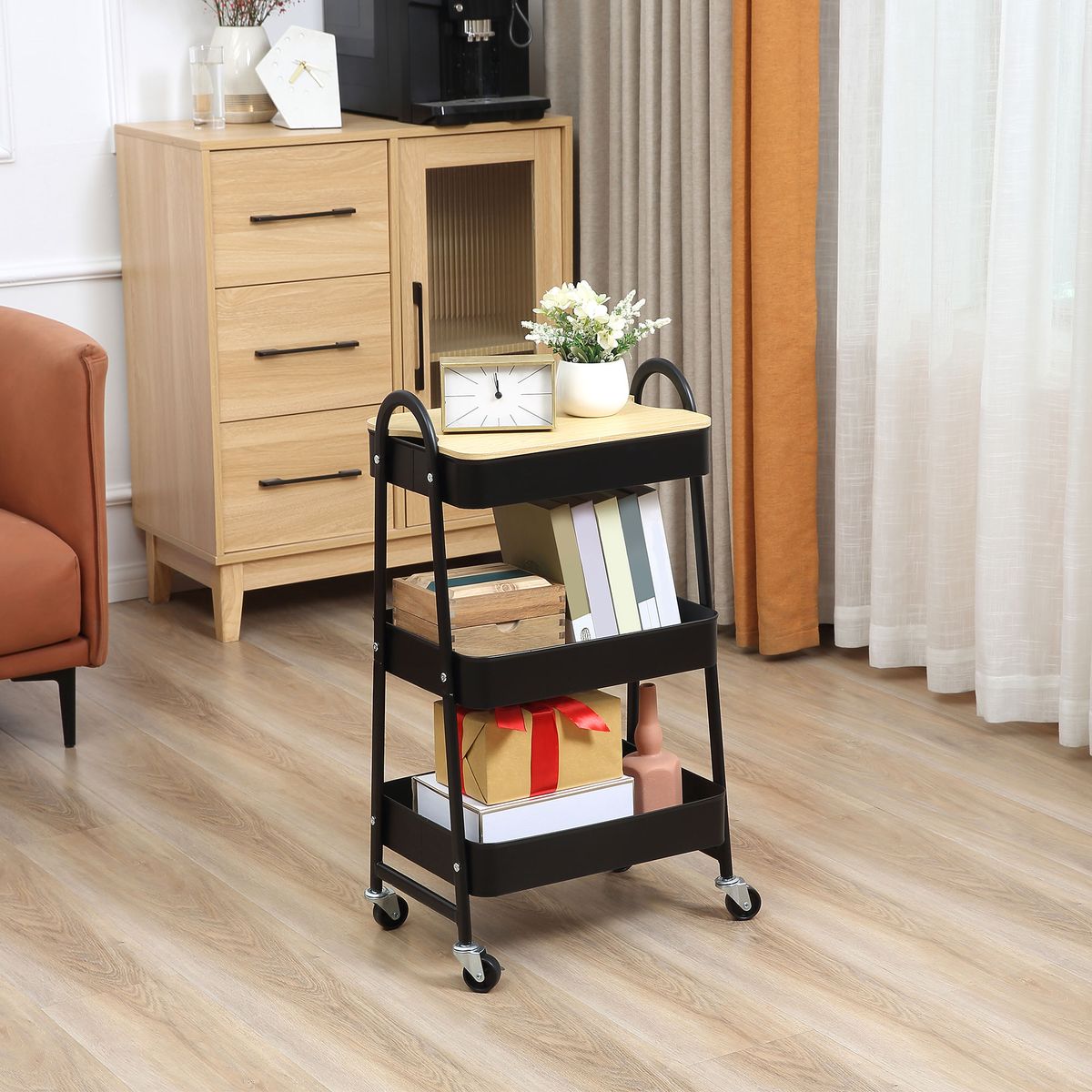 Carrito auxiliar con encimera Guadiana Homcom 3 estantes con ruedas negro 79,4x31x45 cm