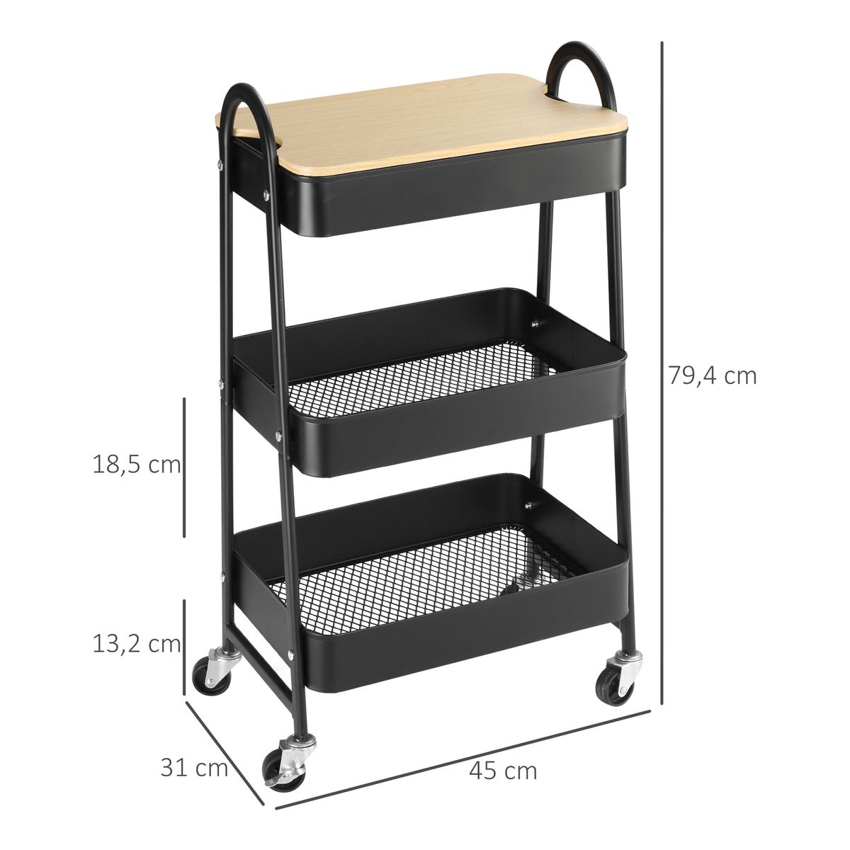 Carrito auxiliar con encimera Guadiana Homcom 3 estantes con ruedas negro 79,4x31x45 cm