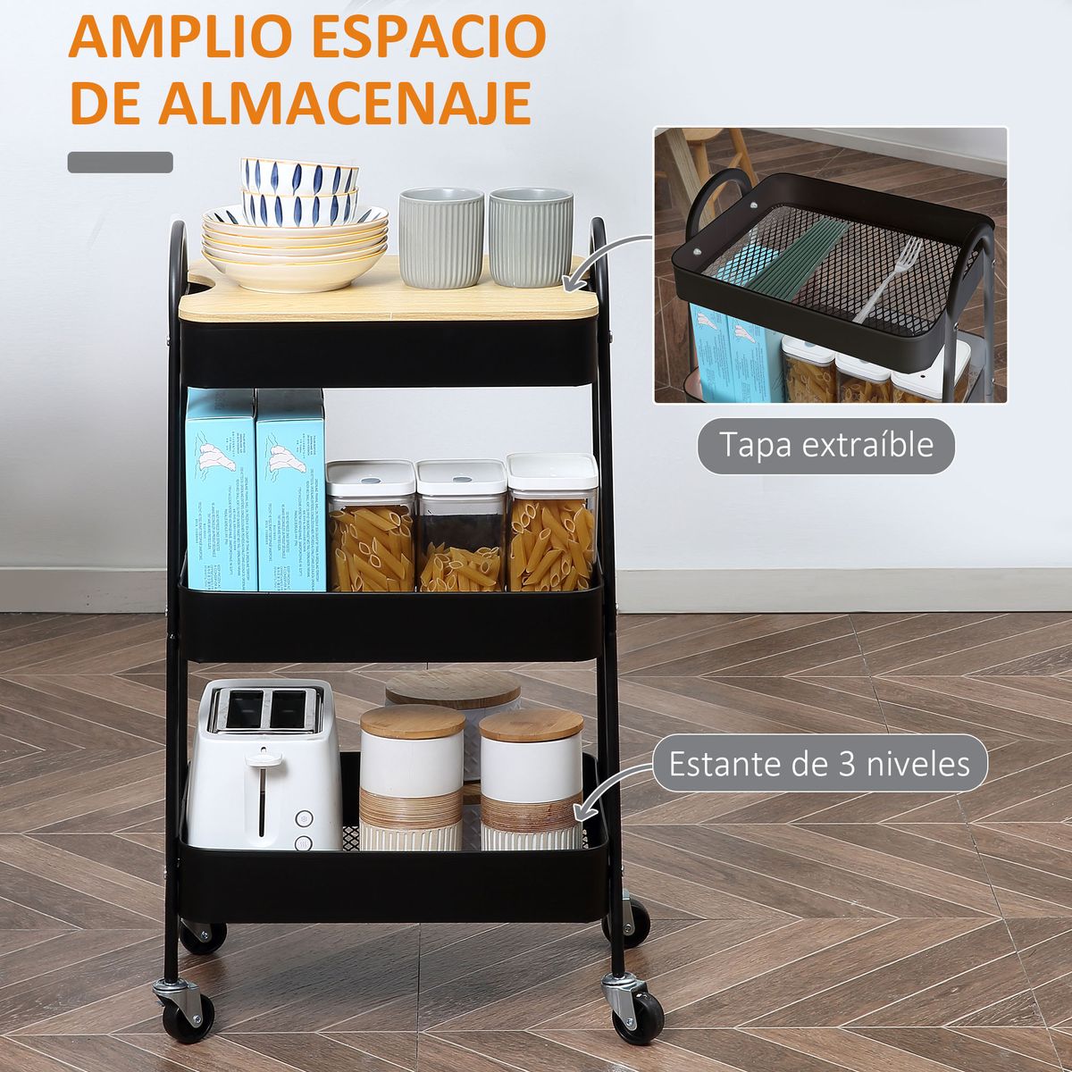 Carrito auxiliar con encimera Guadiana Homcom 3 estantes con ruedas negro 79,4x31x45 cm