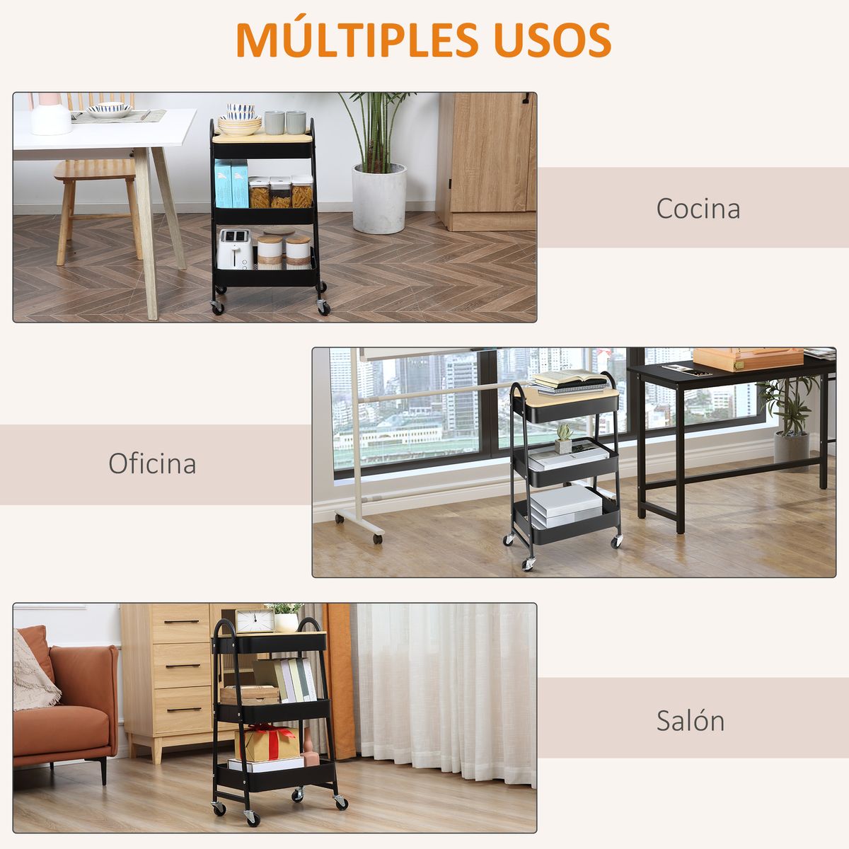 Carrito auxiliar con encimera Guadiana Homcom 3 estantes con ruedas negro 79,4x31x45 cm