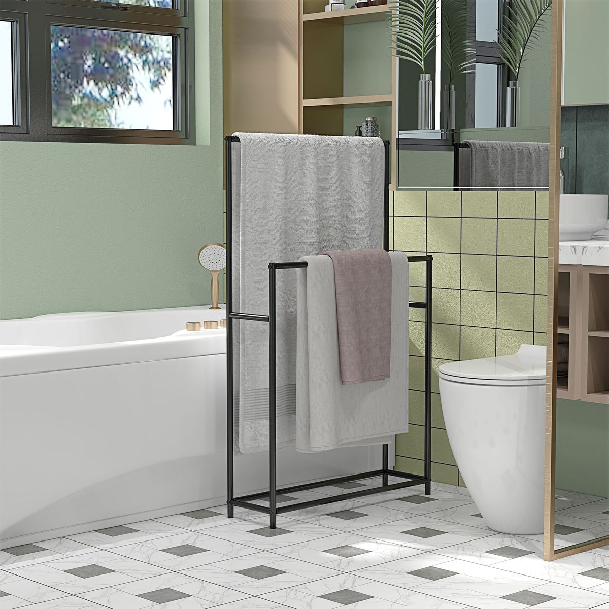 Toallero de pie Lanzarote Homcom 2 barras para colgar metal negro 110x66x20 cm
