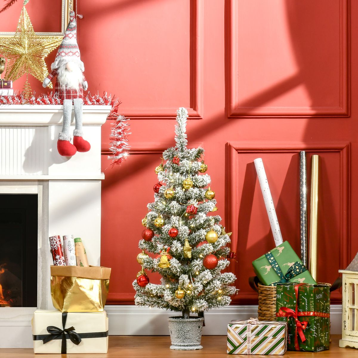 Árbol de Navidad Homcom 116 ramas efecto nevado con 60 luces LEDs verde Ø40x90 cm fondo animado