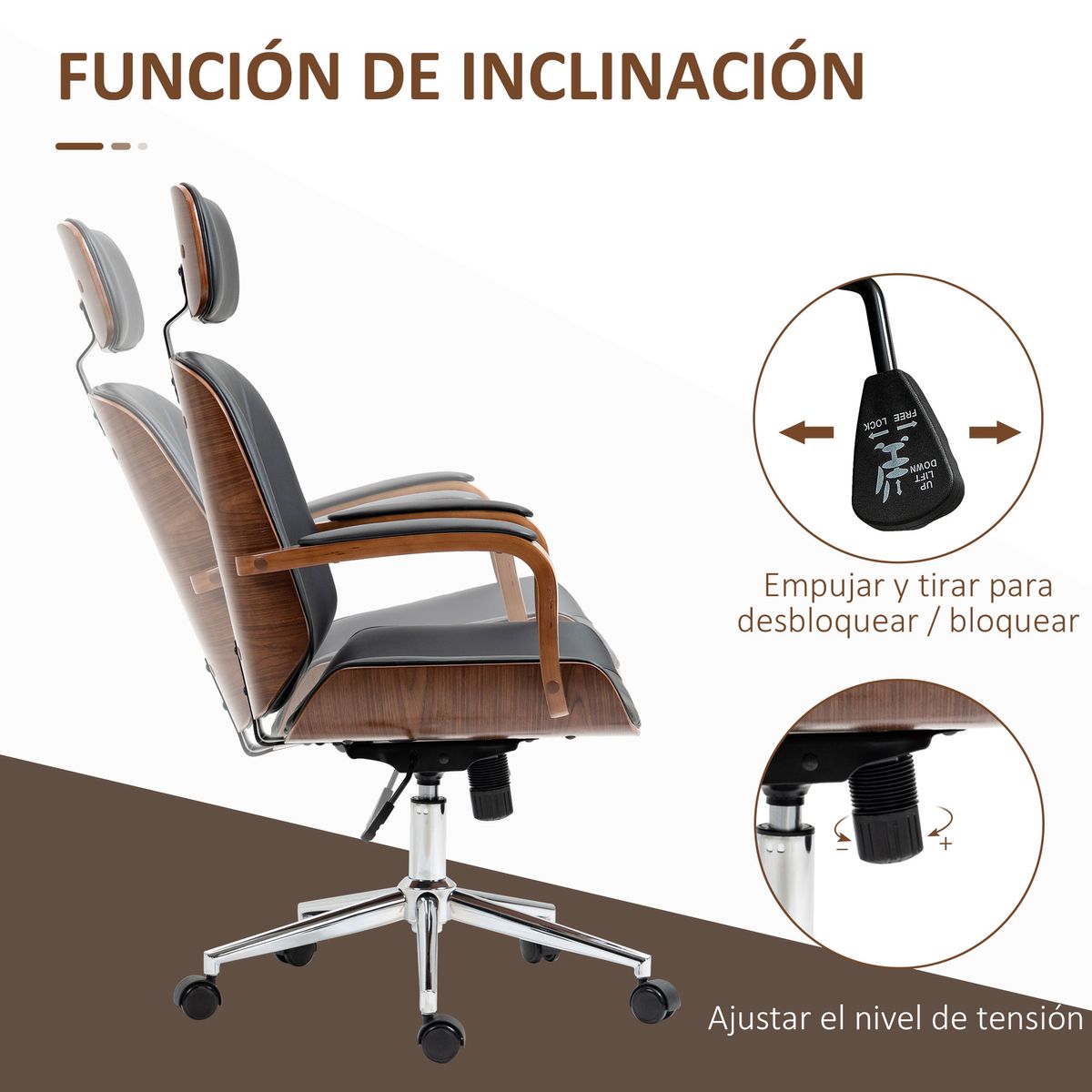 Silla de oficina Cactus Vinsetto basculante + reposacabezas extraíble negro 110-120x62x63 cm