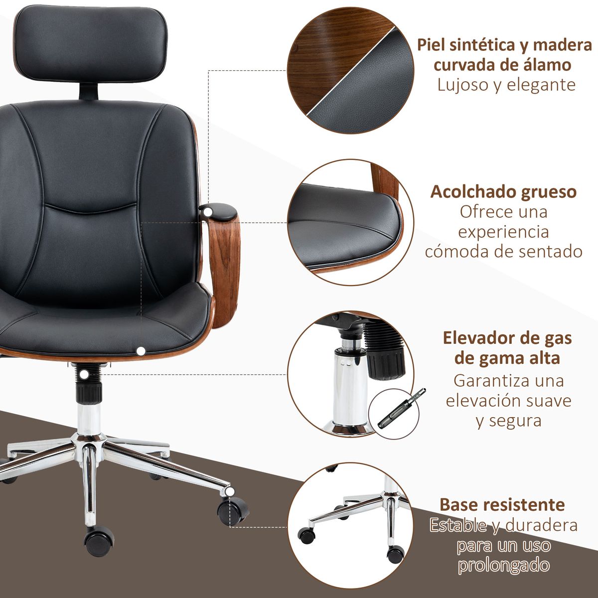 Silla de oficina Cactus Vinsetto basculante + reposacabezas extraíble negro 110-120x62x63 cm