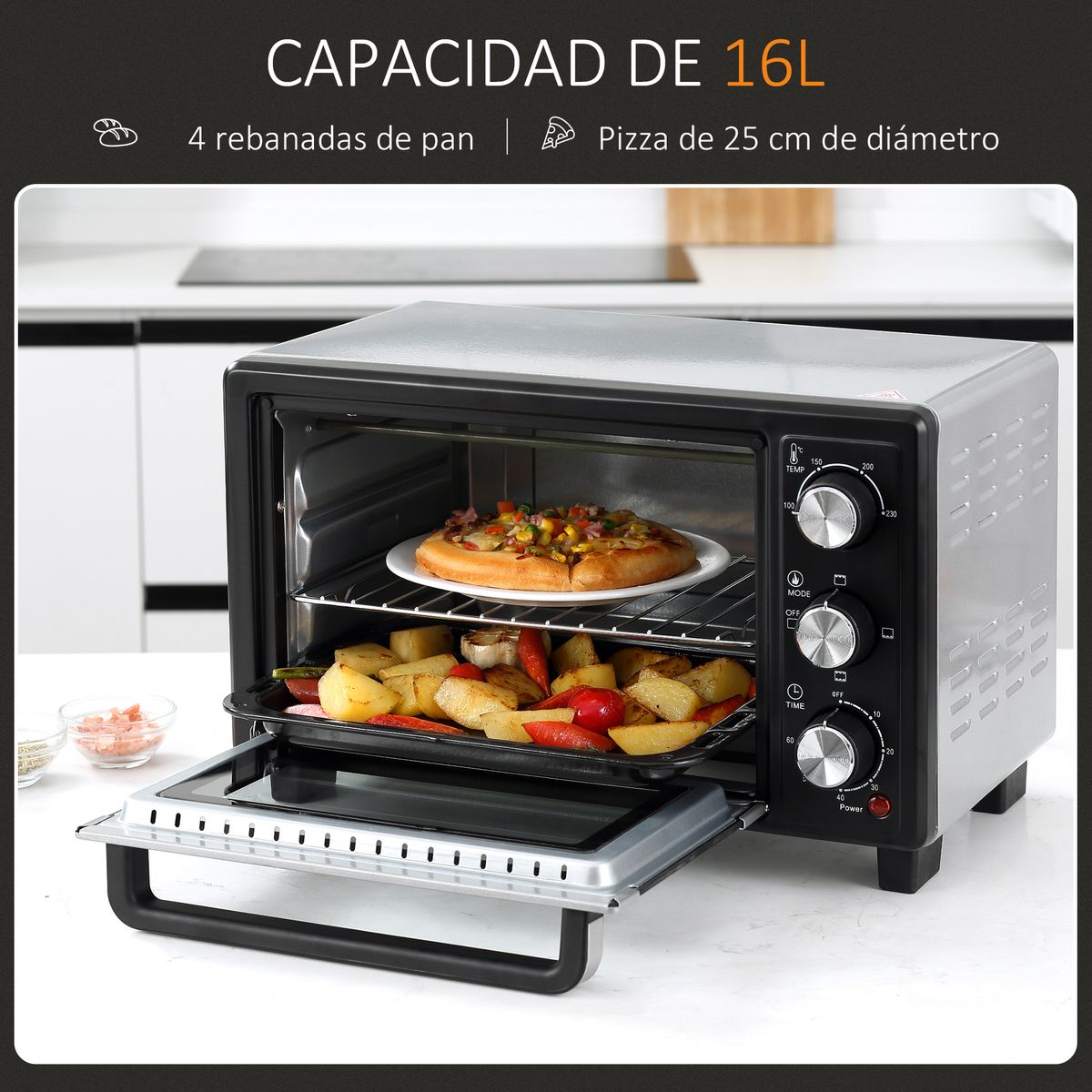 Horno eléctrico de sobremesa Homcom Casiopea 1400W portátil 16L plata 28,1x32x44 cm