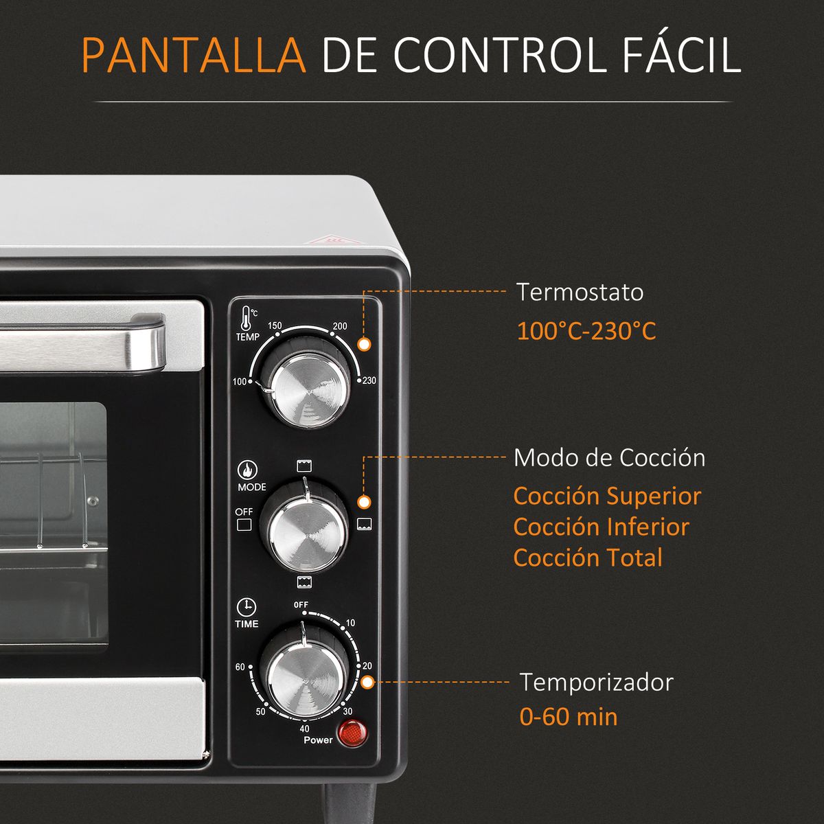Horno eléctrico de sobremesa Homcom Casiopea 1400W portátil 16L plata 28,1x32x44 cm