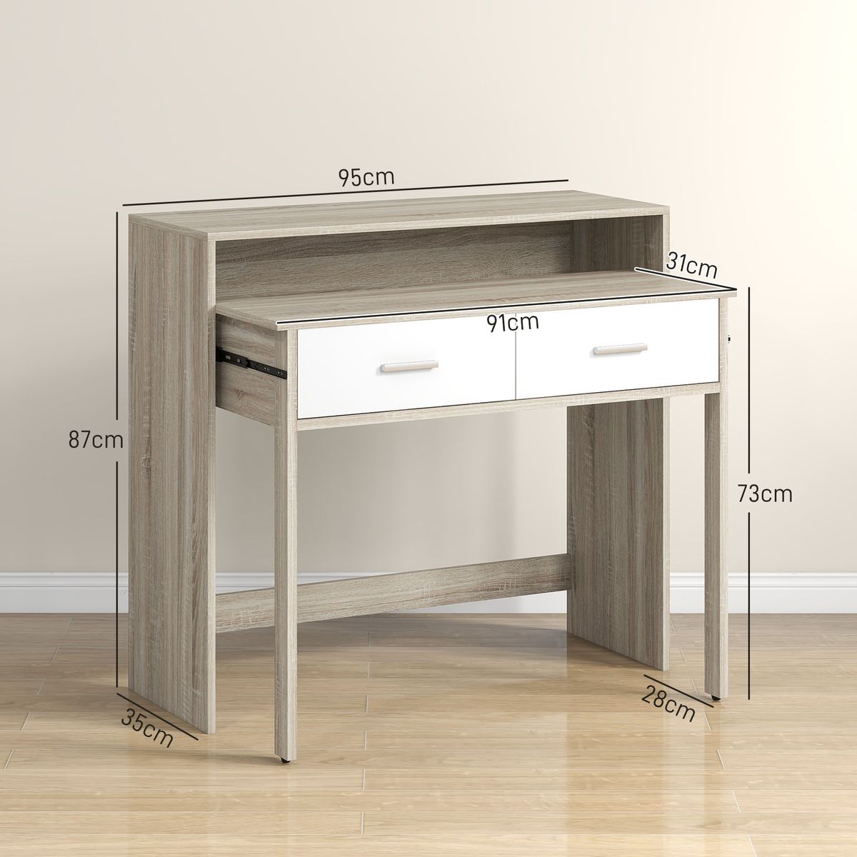 Consola extensible Musa Homcom melamina convertible en escritorio 2 niveles roble 87x35x95 cm
