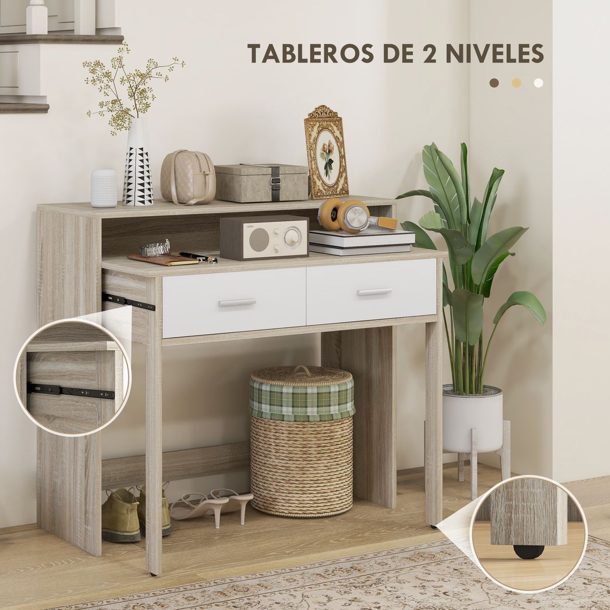Consola extensible Musa Homcom melamina convertible en escritorio 2 niveles roble 87x35x95 cm