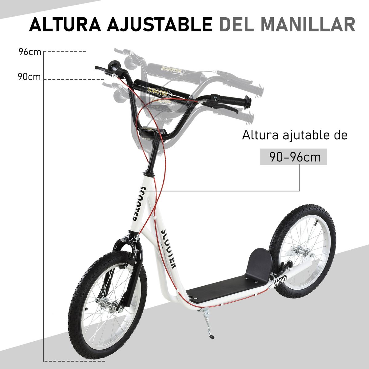 Patinete scooter Marte Homcom manillar ajustable + doble freno blanco 96x58x139 cm