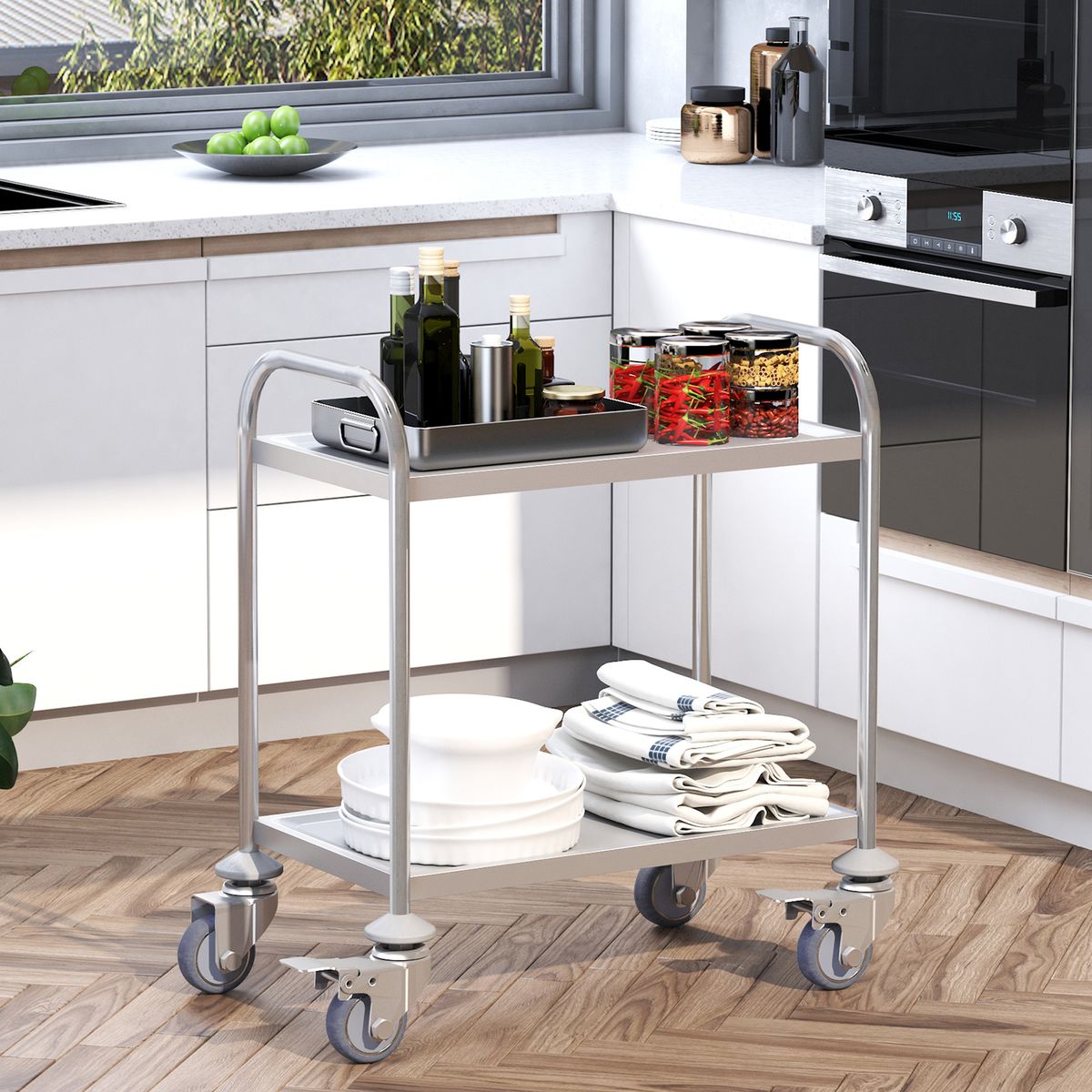 Carrito auxiliar Júcar Homcom de acero inoxidable 2 estantes plata 81x40,5x70,5 cm