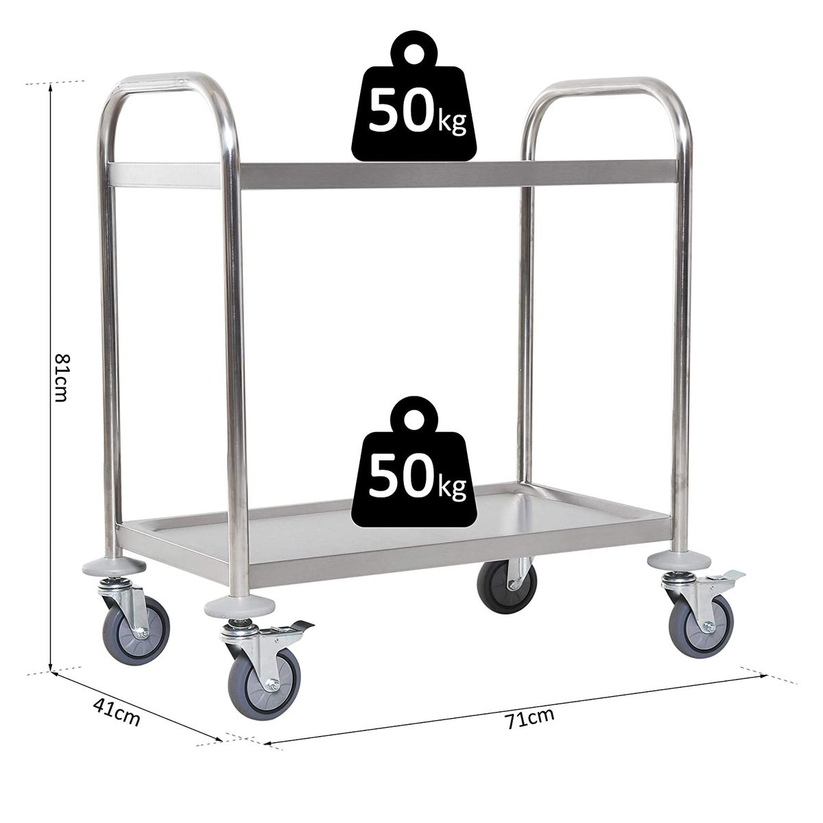 Carrito auxiliar Júcar Homcom de acero inoxidable 2 estantes plata 81x40,5x70,5 cm