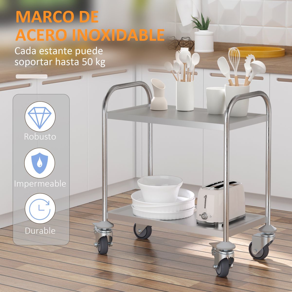 Carrito auxiliar Júcar Homcom de acero inoxidable 2 estantes plata 81x40,5x70,5 cm