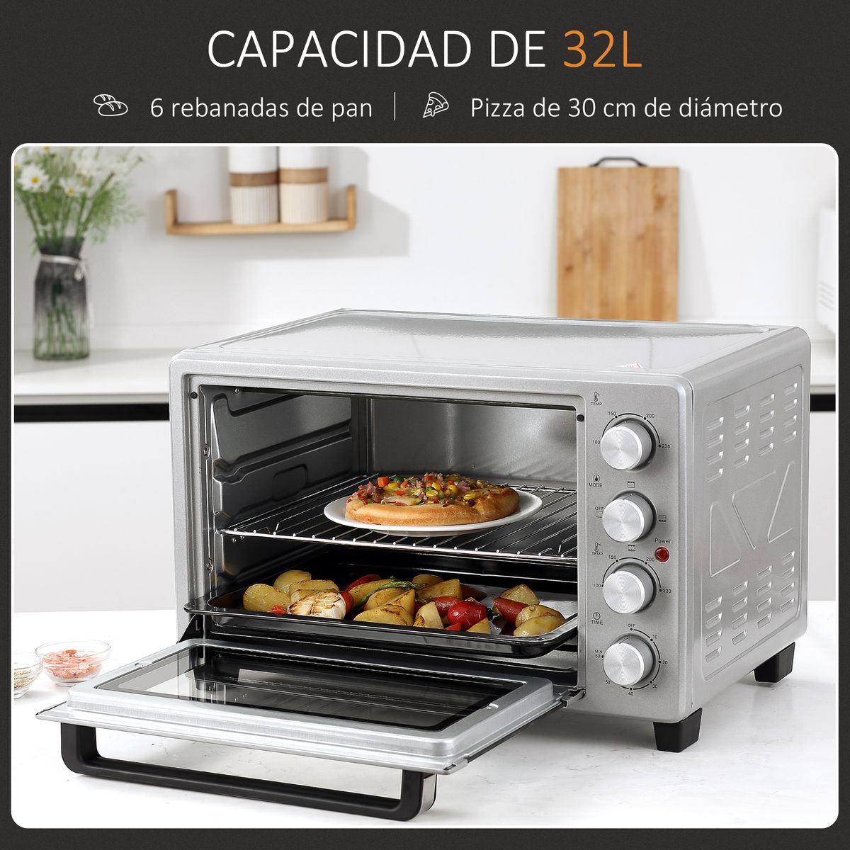 Horno eléctrico de sobremesa Andrómeda Homcom 1600W 3 modos de cocción 32L plata 33,5x38,1x52 cm