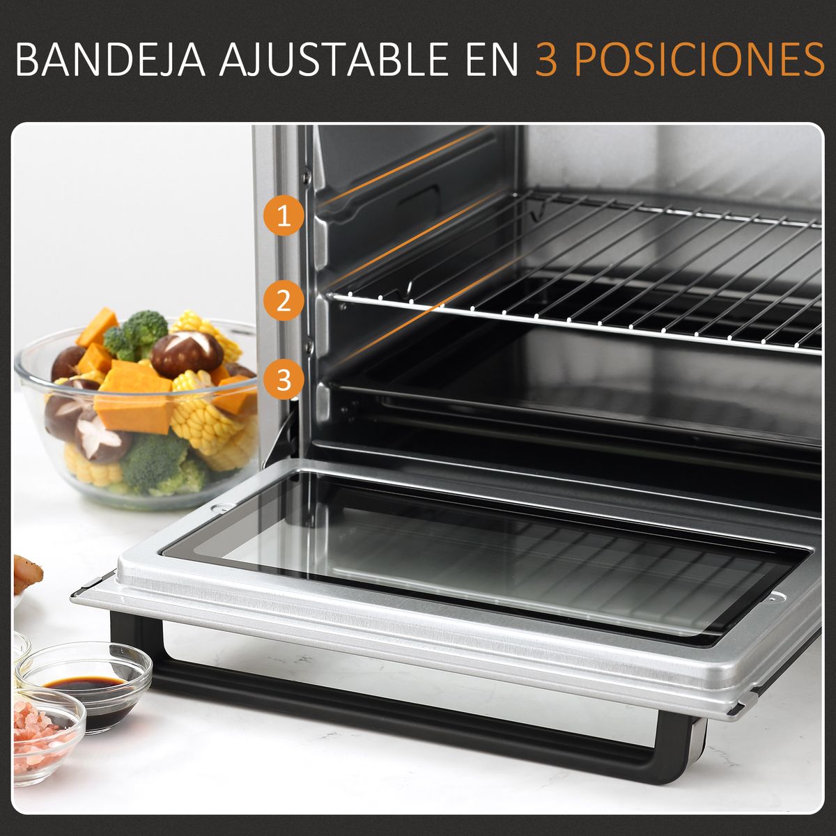 Horno eléctrico de sobremesa Andrómeda Homcom 1600W 3 modos de cocción 32L plata 33,5x38,1x52 cm