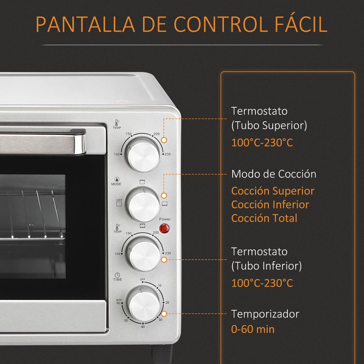 Horno eléctrico de sobremesa Andrómeda Homcom 1600W 3 modos de cocción 32L plata 33,5x38,1x52 cm