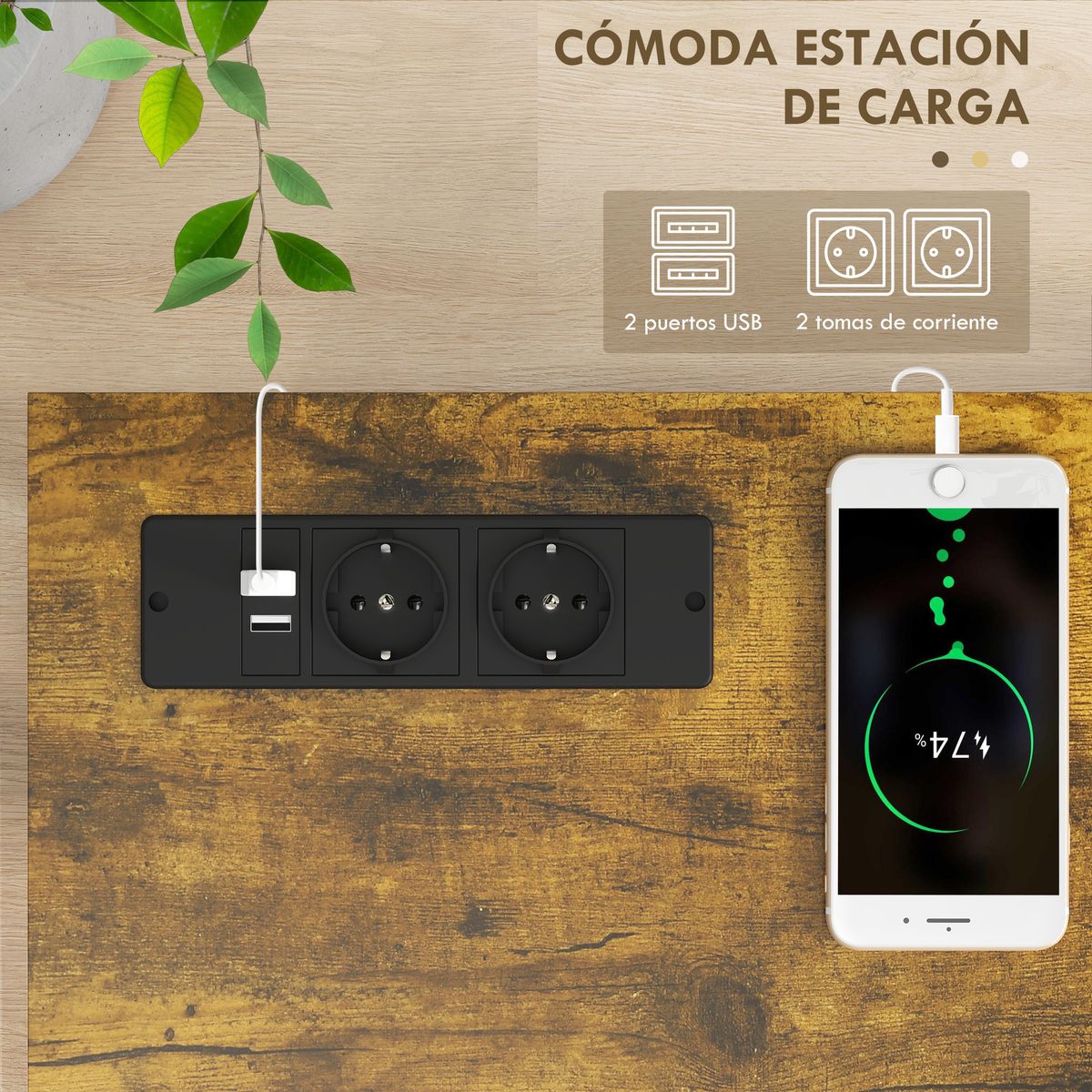 Recibidor de entrada con estación de carga Homcom Odisea 2 estantes + 2 tomas de corriente + 2 puertos USB marrón 75x24x100 cm