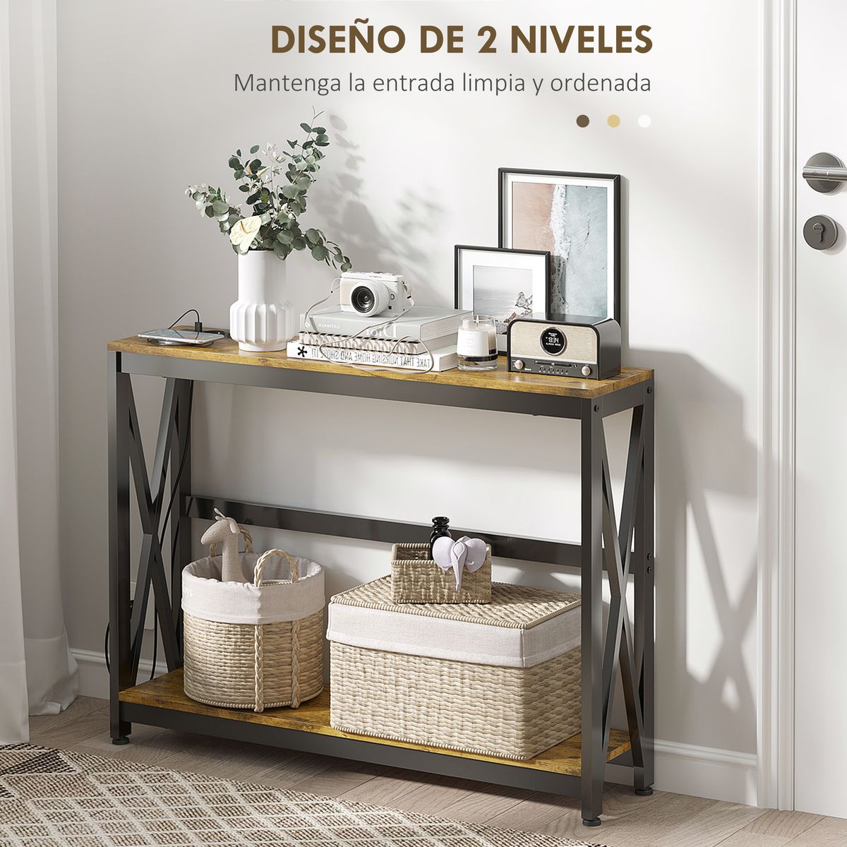 Recibidor de entrada con estación de carga Homcom Odisea 2 estantes + 2 tomas de corriente + 2 puertos USB marrón 75x24x100 cm