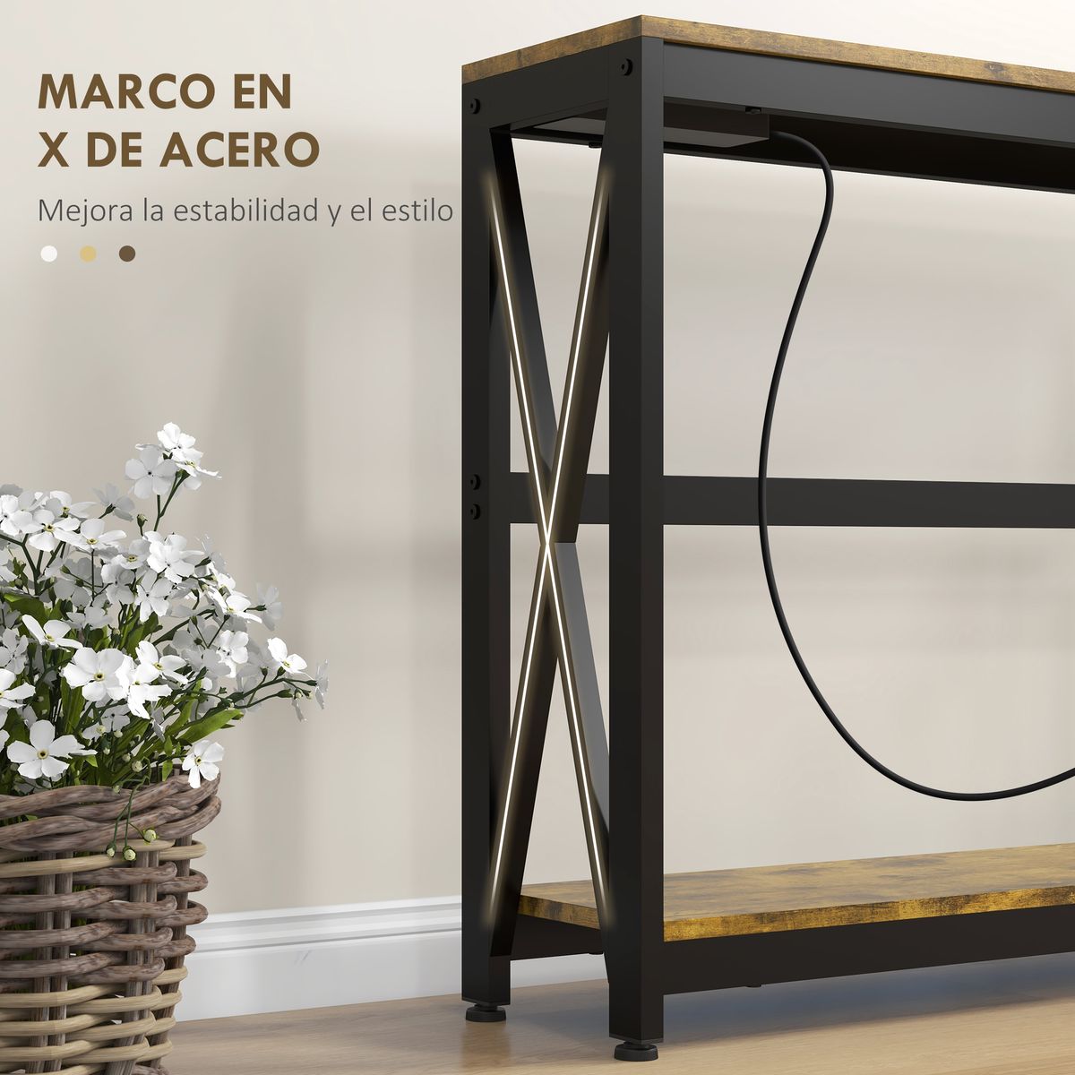 Recibidor de entrada con estación de carga Homcom Odisea 2 estantes + 2 tomas de corriente + 2 puertos USB marrón 75x24x100 cm