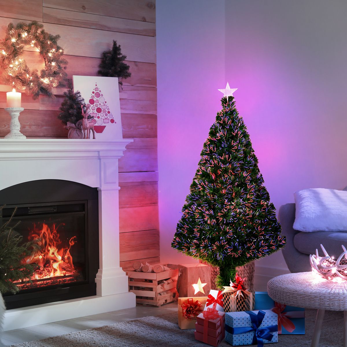 Árbol de Navidad Homcom 130 ramas fibra óptica RGB verde Ø70x120 cm animada